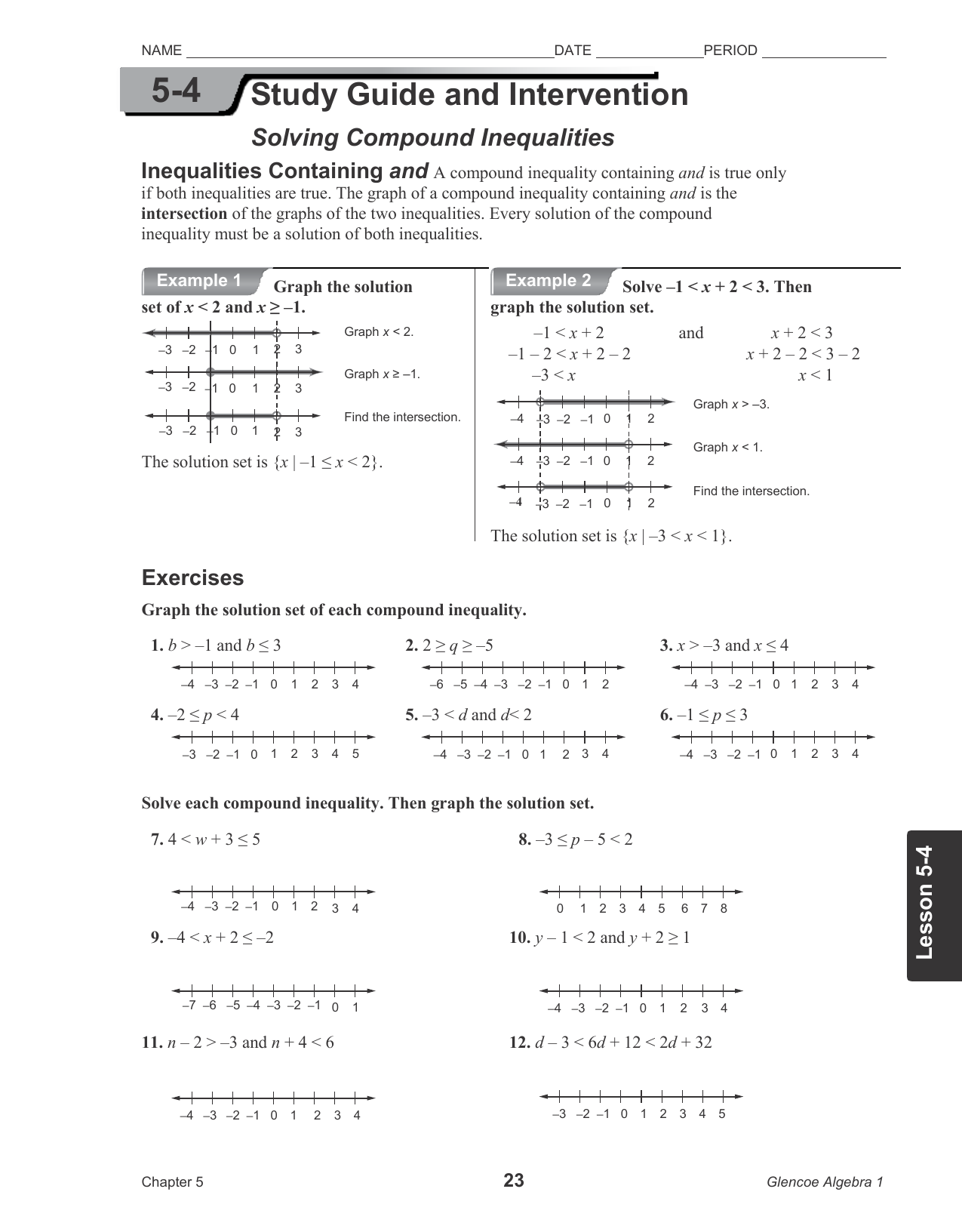 Lesson 21-21 Study Guide and Intervention Solving Compound For Solving Compound Inequalities Worksheet