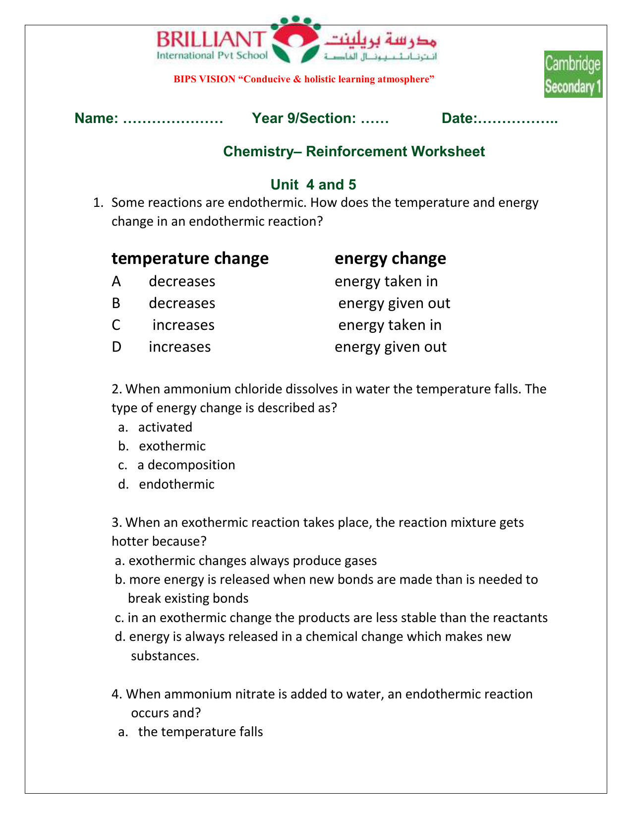 Endothermic And Exothermic Reaction Worksheet Answers