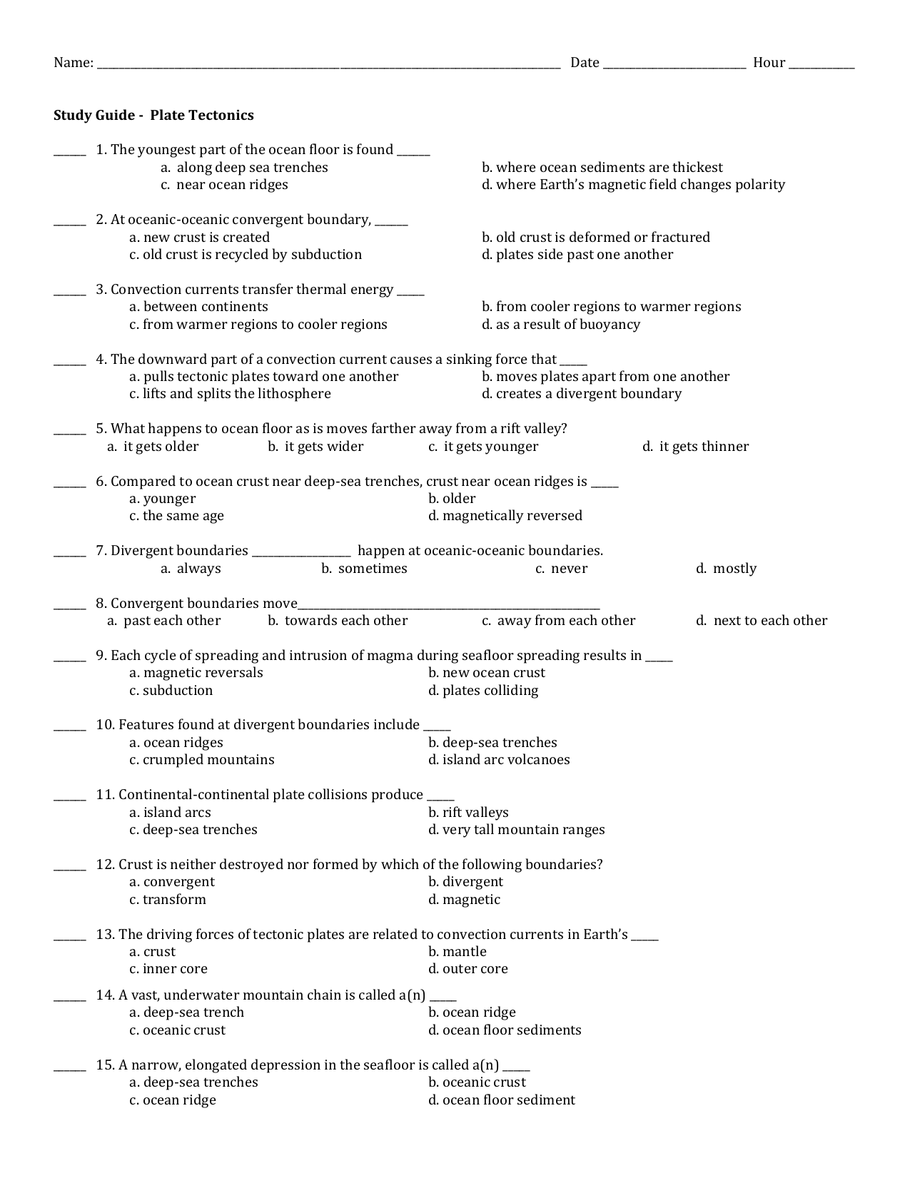 Plate Tectonics Pre Test Study Guide